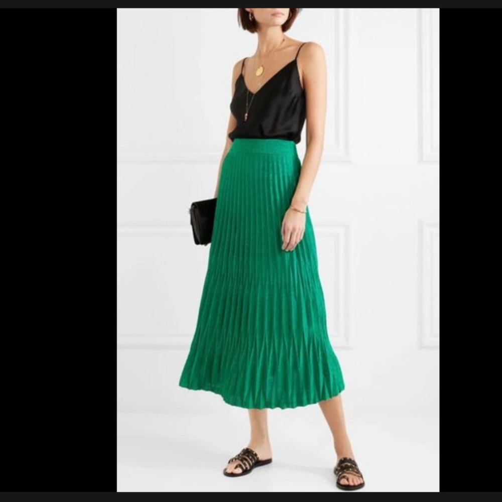 MAJE "Longue Jupe En Mai Vert"  Green Pleated Metallic Midi Skirt